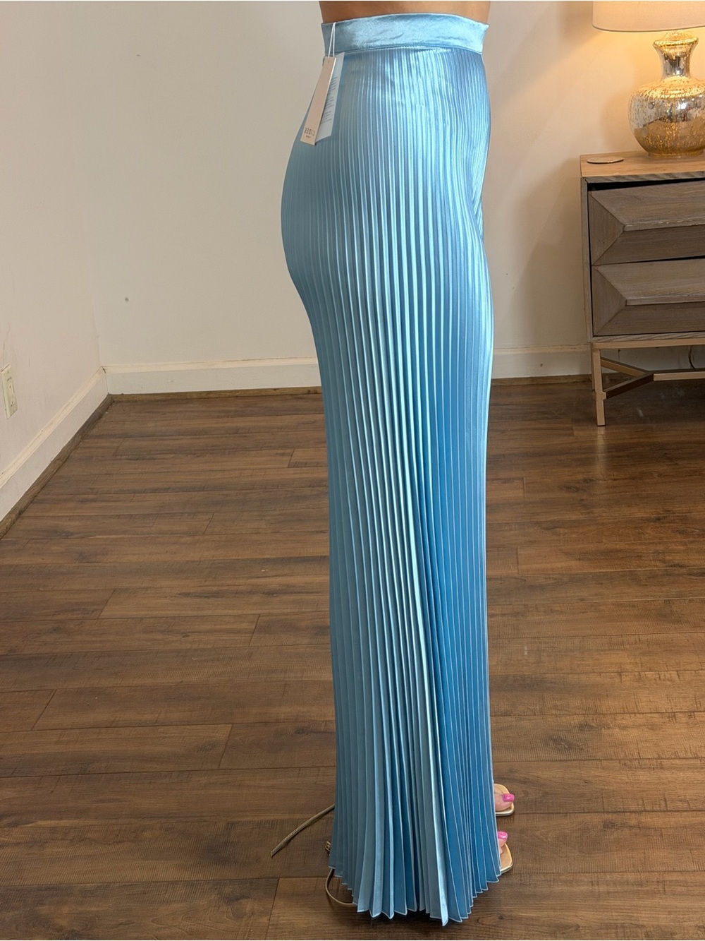 NWT Sky Blue Pleated Satin Maxi Skirt